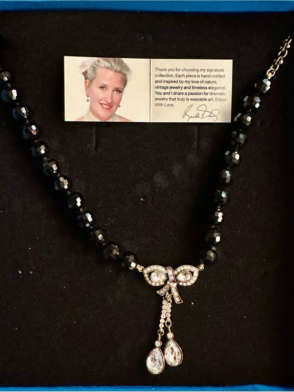 NIB Heidi Daus Black Faceted Glass Bead Crystal Bow Teardrop Necklace